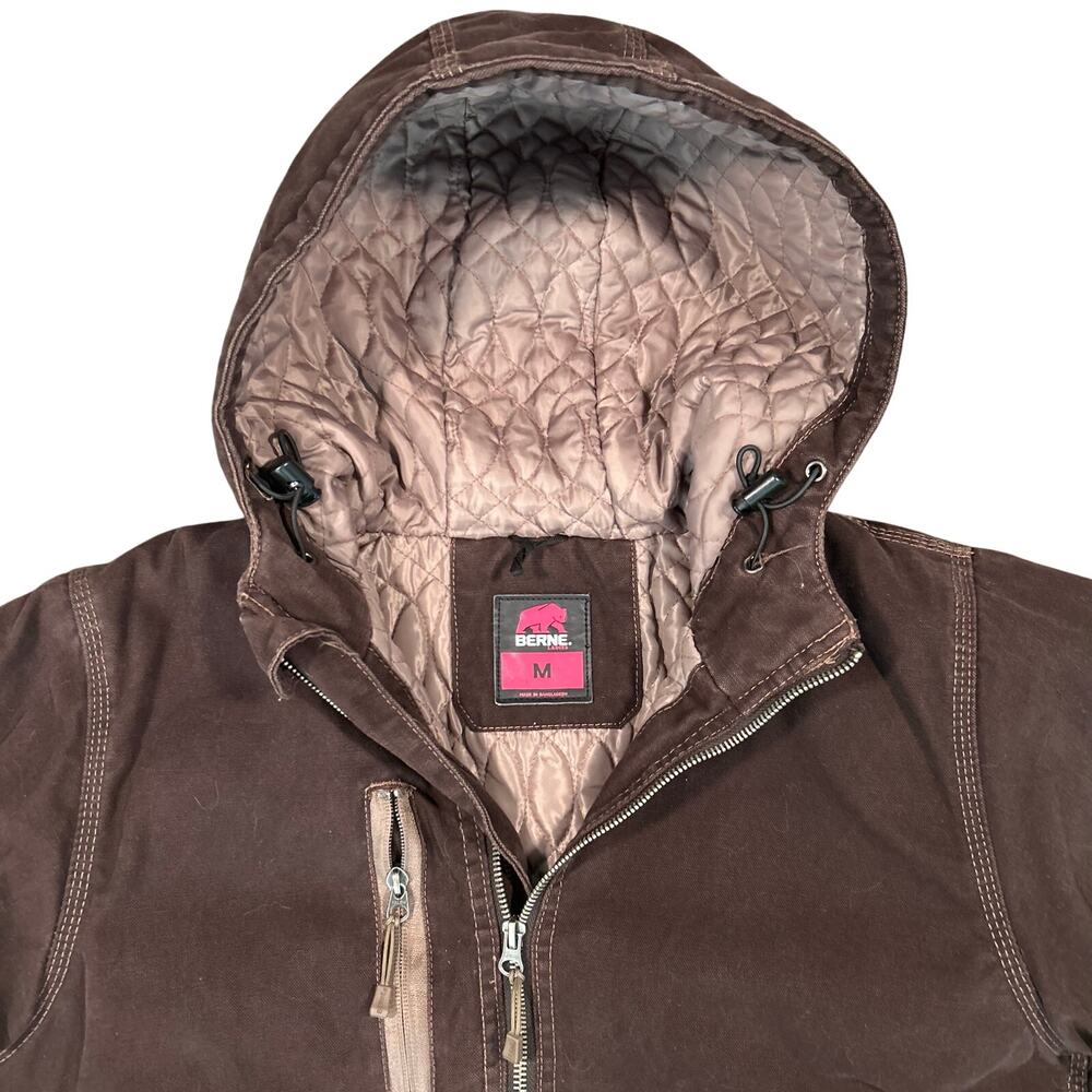 Vintage Women’s Bernie Quilted Lined Canvas Jacket Hooded Work Wear Brown Sz M - Picture 3 of 5